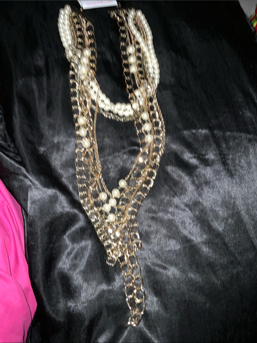 Gold Chain and Pearl Multi-Strand Necklace - White Pearls